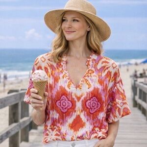 C&C California Crop Top Orange/Pink Ikat Sz Large Ruffle SleeveLinen Blend